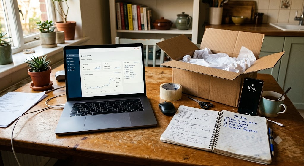 A slightly messy, real home desk setup — an open laptop showing a basic online store admin screen, a notebook with handwritten notes and a to-do list, a phone propped up nearby, and one open cardboard box with tissue paper, like someone just packed their first order.