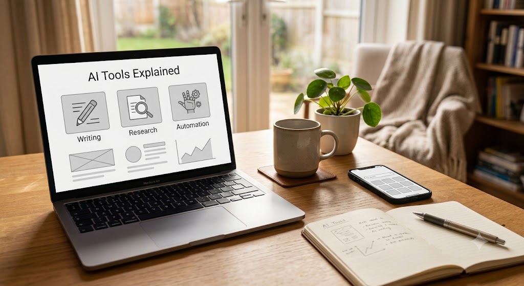 A warm, cozy home office desk scene shot from a slight overhead angle. A silver laptop on a wooden desk showing a generic wireframe interface with the text 'AI Tools Explained' at the top, below it three simple grayscale icon placeholders labeled 'Writing,' 'Research,' and 'Automation.' Next to the laptop, a smartphone showing a simple wireframe app screen, a small potted plant, and an open notebook with a pen resting on it. Warm natural lighting, soft shadows, shallow depth of field with the background slightly blurred showing a window. No real brand names or logos, clean minimal wireframe style on the screen, photorealistic.