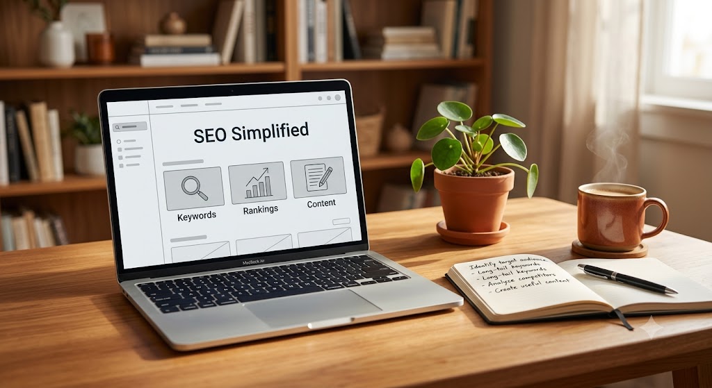 A warm, cozy home office desk scene shot from a slight overhead angle. A silver laptop on a wooden desk showing a generic wireframe interface with the text 'SEO Simplified' at the top, below it three simple grayscale icon placeholders labeled 'Keywords,' 'Rankings,' and 'Content.' Next to the laptop, a small potted plant, an open notebook with handwritten notes, and a coffee mug. Warm natural lighting, soft shadows, shallow depth of field with the background slightly blurred showing a bookshelf. No real brand names or logos, clean minimal wireframe style on the screen, photorealistic.