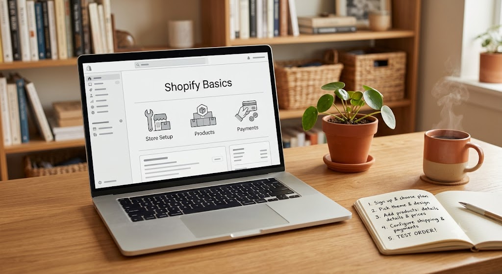 A warm, cozy home office desk scene shot from a slight overhead angle. A silver laptop on a wooden desk showing a generic wireframe interface with the text 'Shopify Basics' at the top, below it three simple grayscale icon placeholders labeled 'Store Setup,' 'Products,' and 'Payments.' Next to the laptop, a small potted plant, an open notebook with handwritten notes, and a warm-toned coffee mug with steam rising. Warm natural lighting, soft shadows, shallow depth of field with the background slightly blurred showing a wooden bookshelf. No real brand logos or colors, clean minimal wireframe style on the screen, photorealistic.